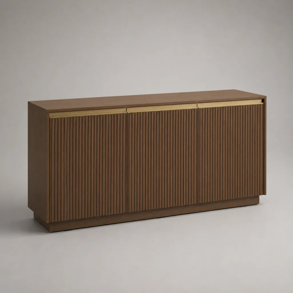 Buffet 3 portes en MDF mélaminé effet noyer, marron et doré, 160 × 40 × 80 cm