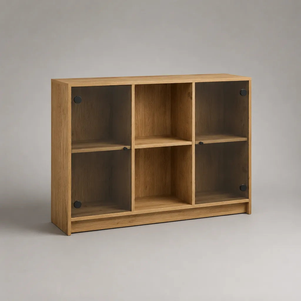 Buffet bas rectangulaire à 2 portes en verre fumé et 6 compartiments, décor chêne naturel, 120 × 35 × 85 cm