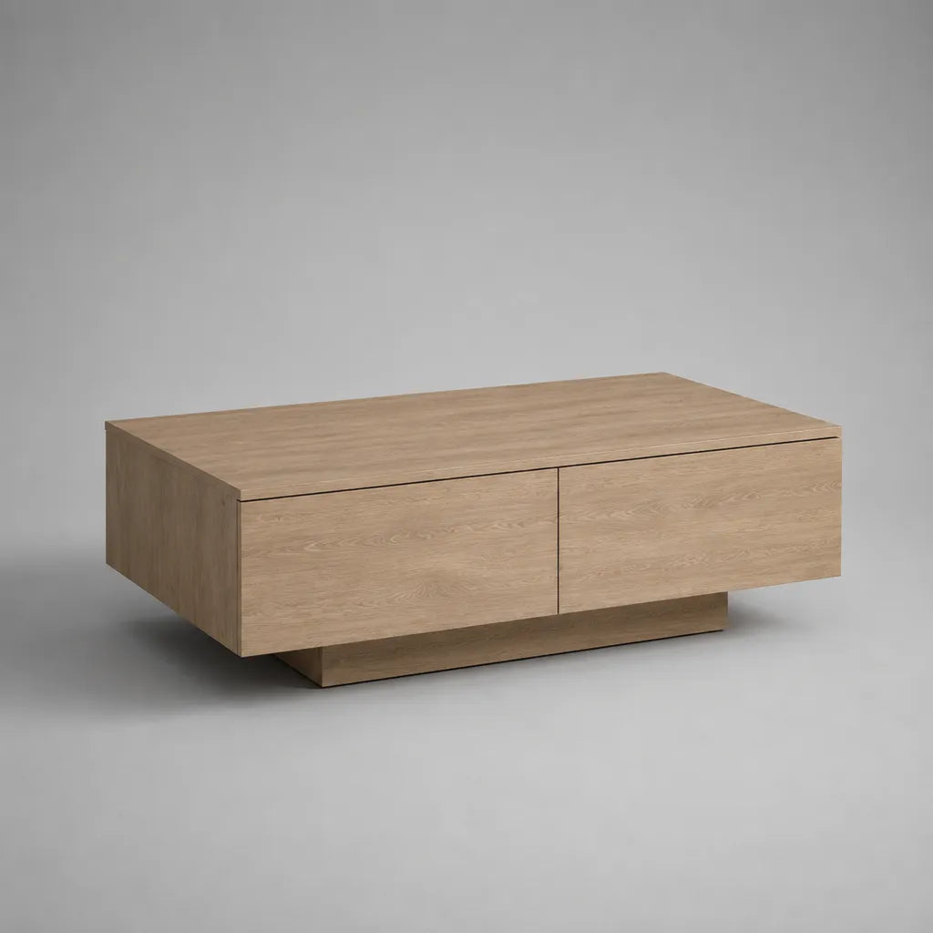 Table basse rectangulaire en MDF plaqué chêne naturel avec 2 tiroirs, 110 × 60 × 40 cm