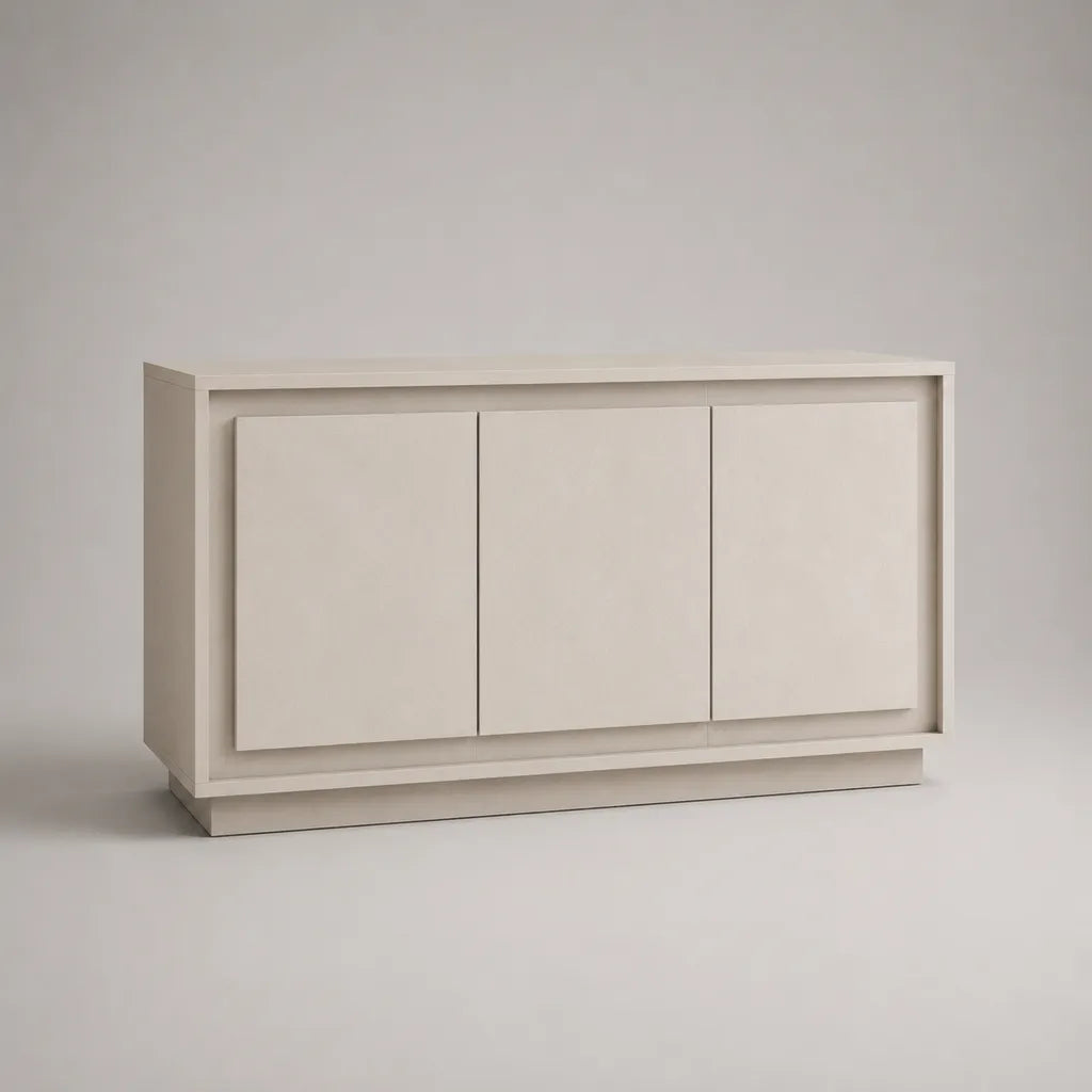 Buffet bas rectangulaire en panneaux MDF blanc cassé, 3 portes, 140 × 40 × 80 cm