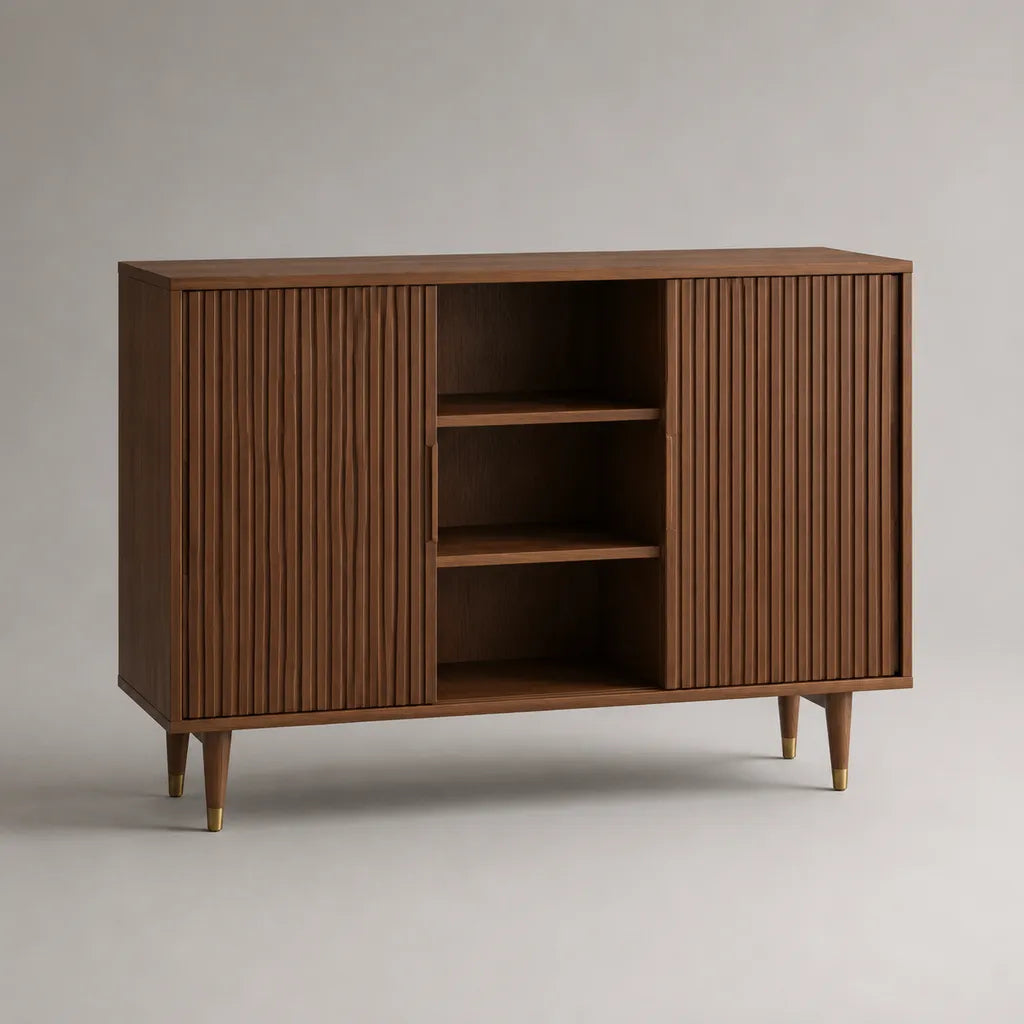 Buffet de rangement en MDF plaqué noyer brun, 2 portes coulissantes rainurées et 3 niches, 150 × 40 × 90 cm