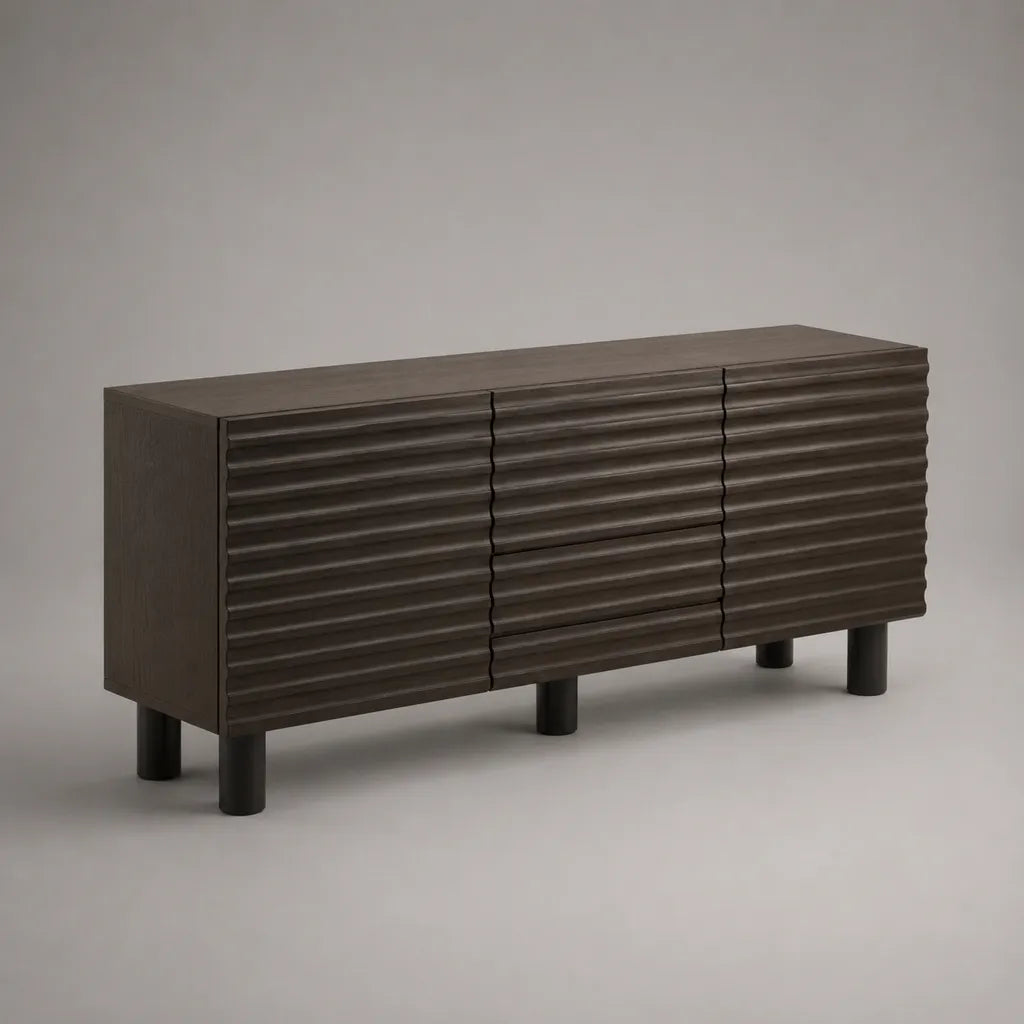 Buffet bas rectangulaire en MDF et acier, 2 portes et 3 tiroirs, brun foncé/noir, 160 x 40 x 75 cm