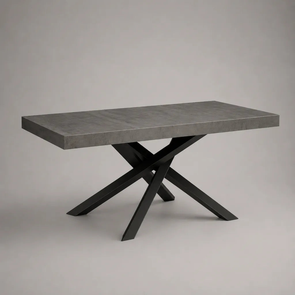 Table à manger rectangulaire avec plateau en MDF gris béton et pieds en acier noir, 160 × 90 × 76 cm