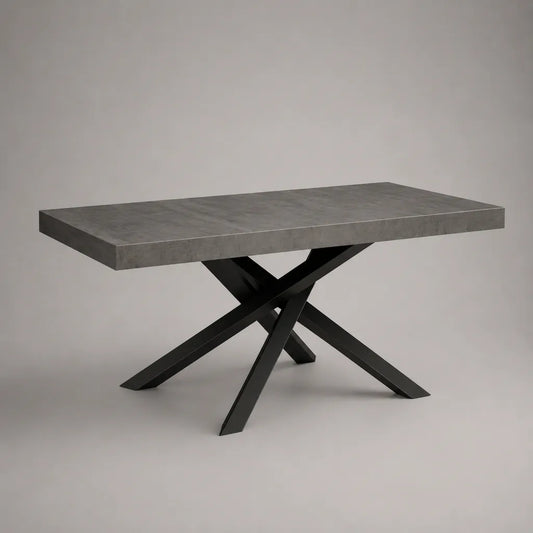 Table à manger rectangulaire avec plateau en MDF gris béton et pieds en acier noir, 160 × 90 × 76 cm