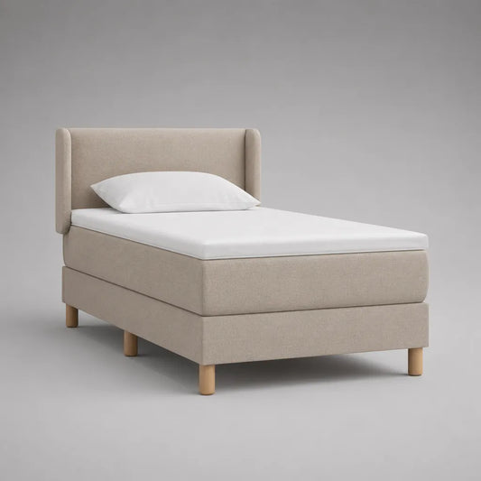 Lit tapissier 1 place rembourré en tissu beige avec matelas et surmatelas 90 × 200 cm