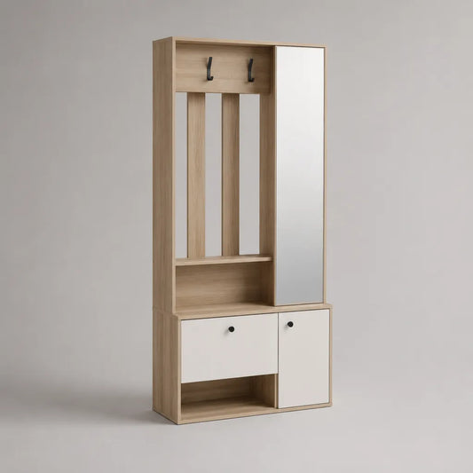 Meuble d’entrée rectangulaire en panneaux de particules avec miroir, porte-manteau et rangements, chêne clair et blanc, 80 × 35 × 190 cm