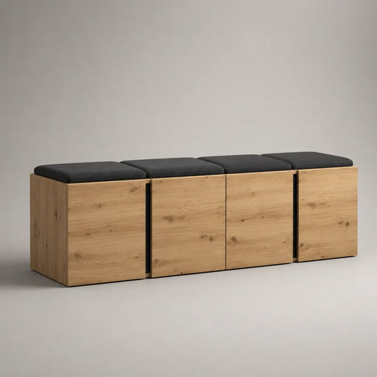 Ensemble de 4 bancs à chaussures avec rangement en panneaux de particules, assises en polyester, chêne naturel, anthracite et noir, 160 × 35 × 50 cm