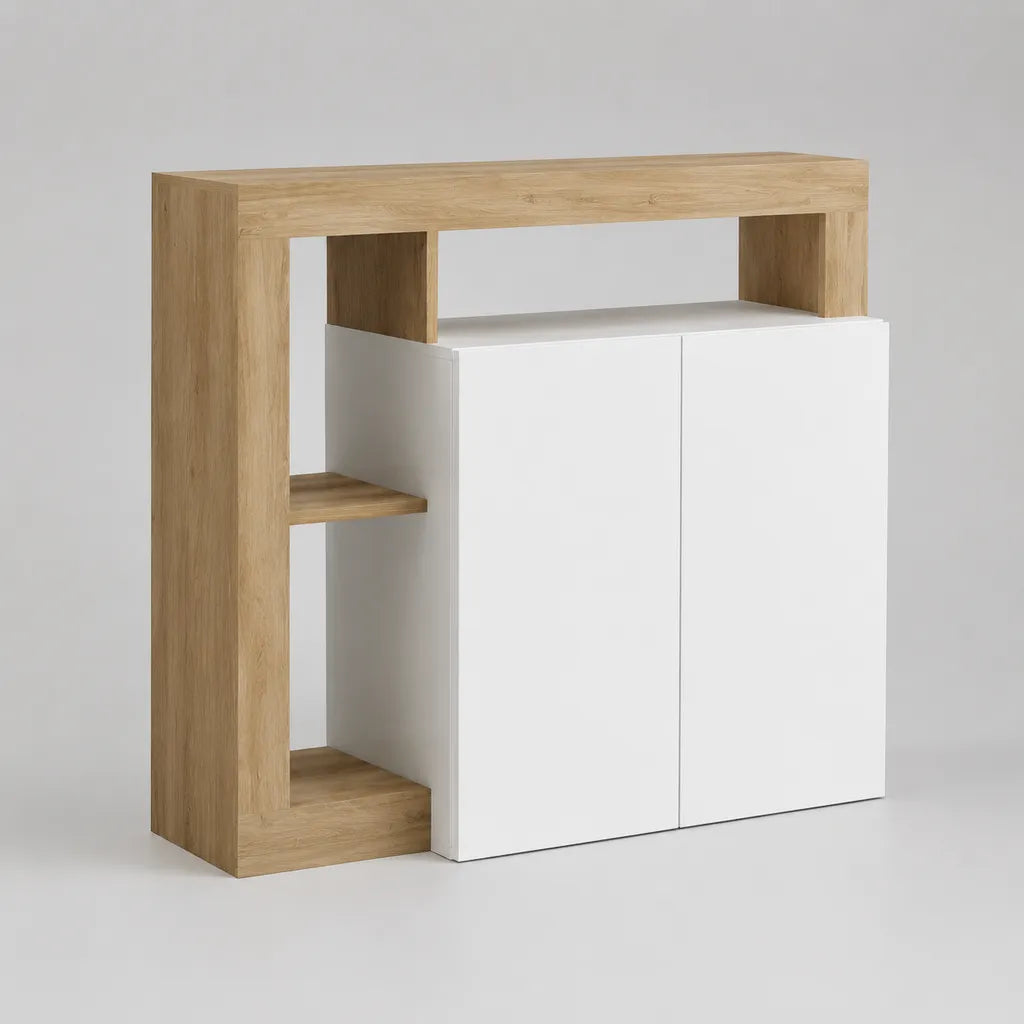 Buffet haut 2 portes et 3 niches ouvertes en panneaux de particules mélaminés, chêne clair et blanc, 120 x 35 x 110 cm