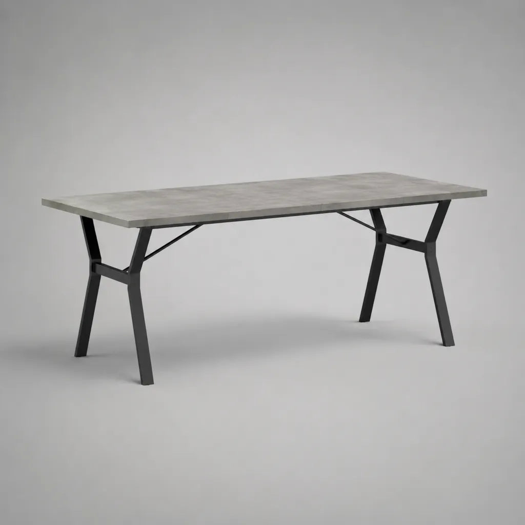 Table à manger rectangulaire 6 personnes en MDF et acier, gris effet béton/noir, 160 × 80 × 75 cm