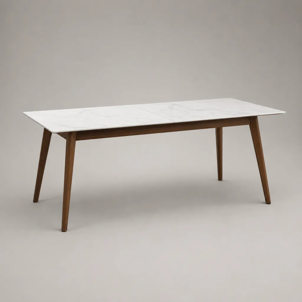 Table à manger extensible rectangulaire en céramique effet marbre blanc et bois massif marron, 160–200 × 90 × 75 cm