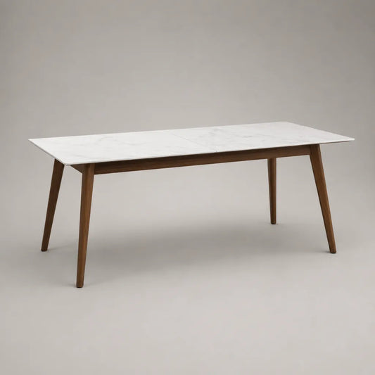 Table à manger extensible rectangulaire en céramique effet marbre blanc et bois massif marron, 160–200 × 90 × 75 cm