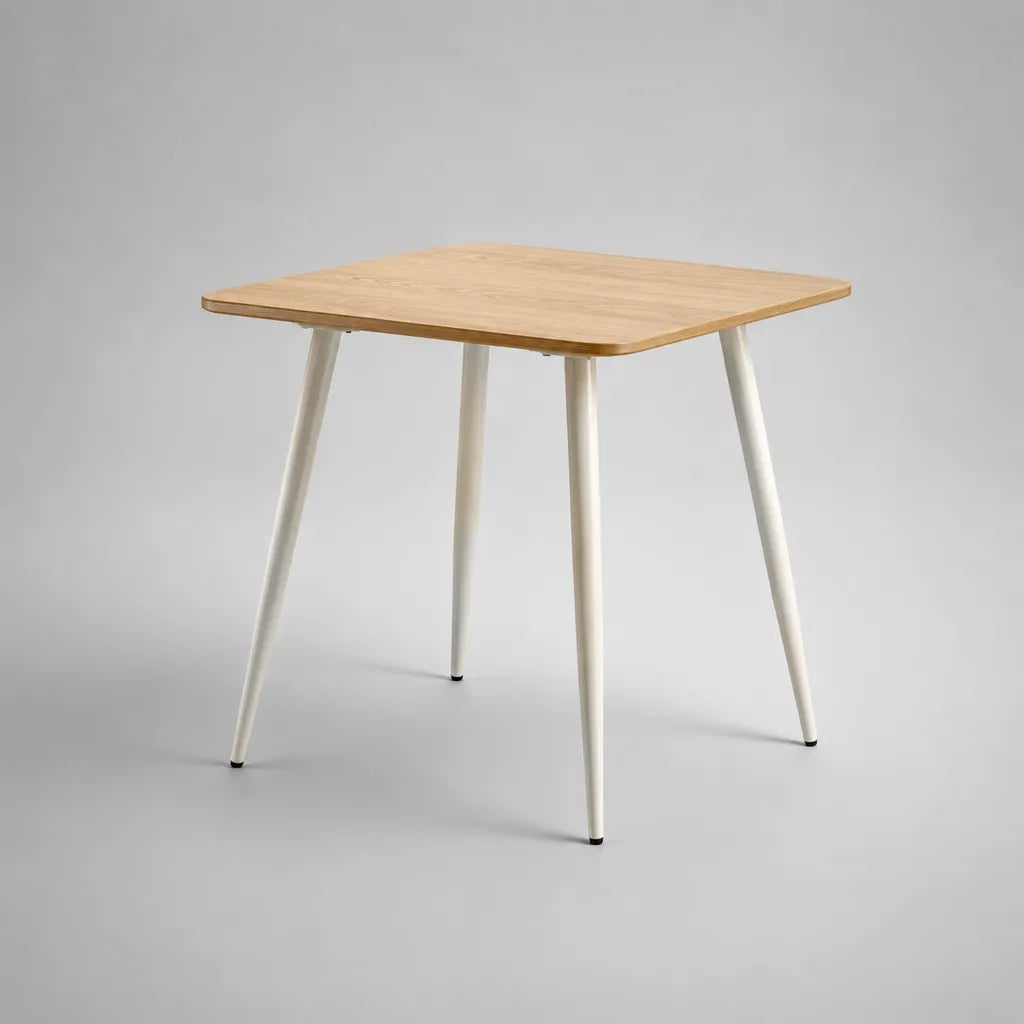 Table à manger carrée 4 personnes, plateau en bois et pieds en acier blanc, 80 × 80 × 75 cm