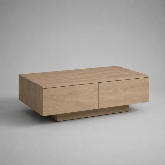 Table basse rectangulaire en MDF plaqué chêne naturel avec 2 tiroirs, 110 × 60 × 40 cm