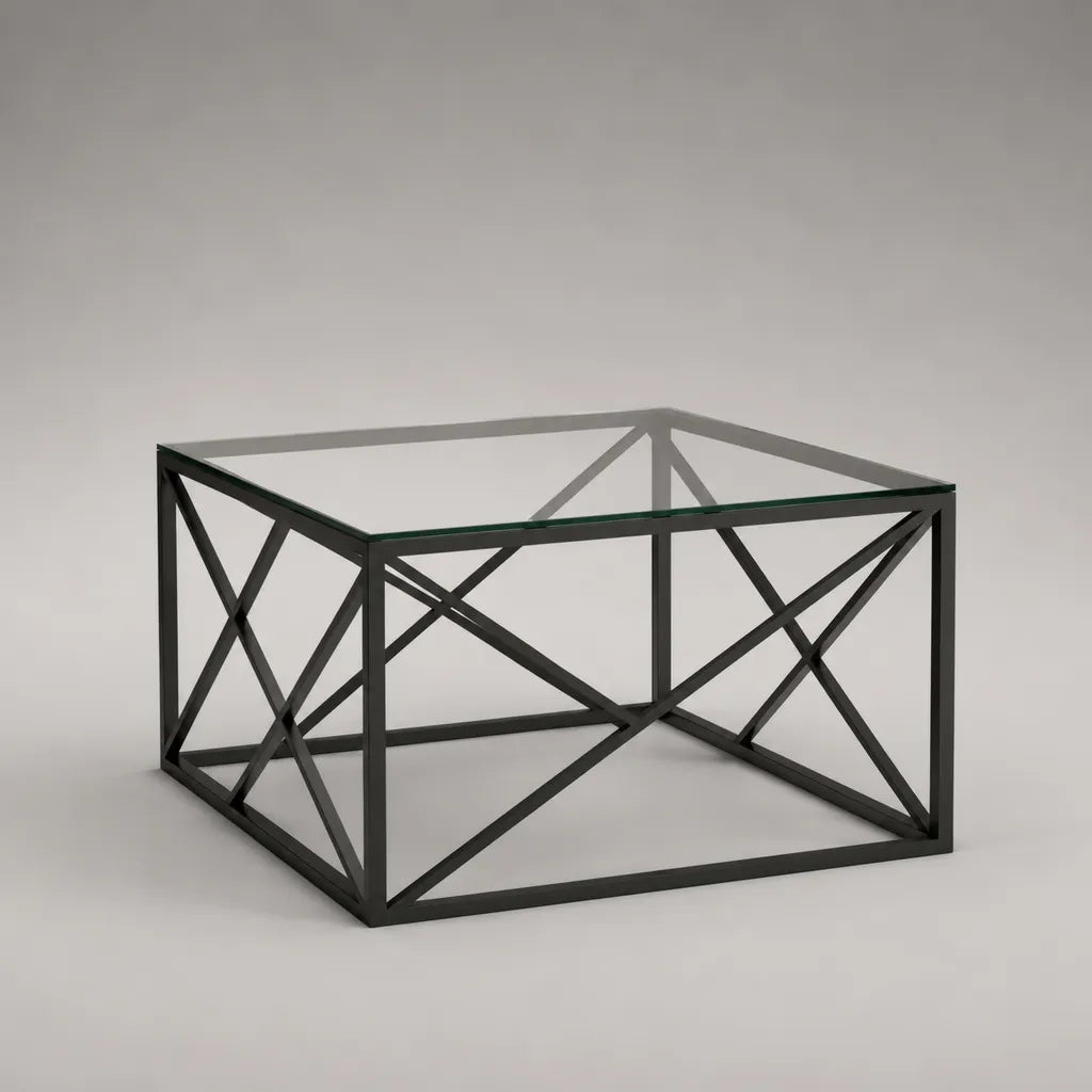 Table basse carrée en verre transparent et acier noir, 80 × 80 × 45 cm