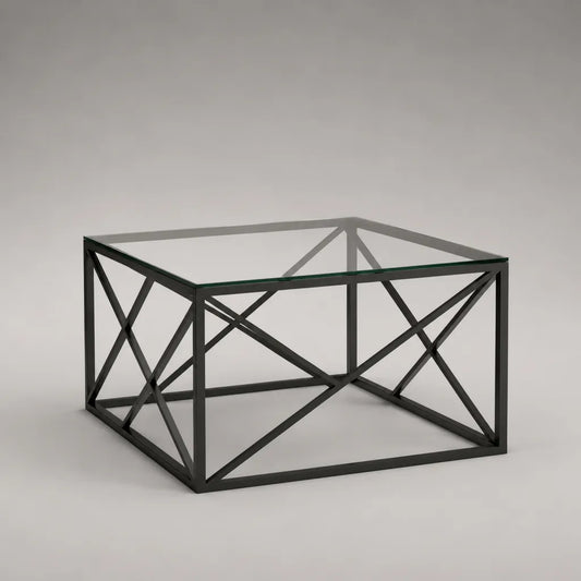 Table basse carrée en verre transparent et acier noir, 80 × 80 × 45 cm