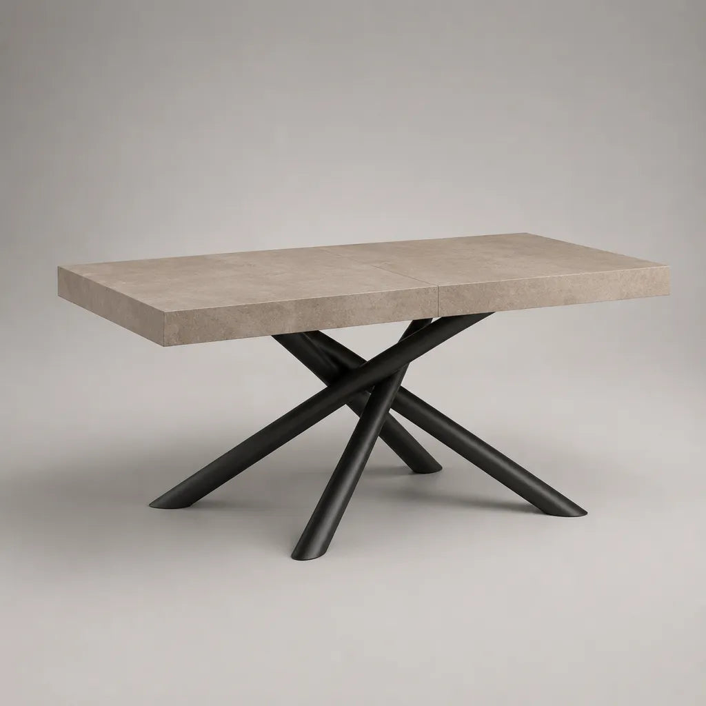 Table à manger extensible rectangulaire en céramique effet pierre et acier noir, beige et noir, 160 à 200 × 90 × 76 cm
