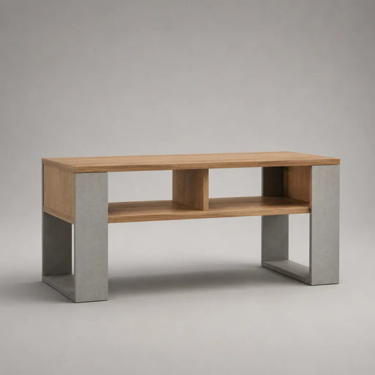 Table basse rectangulaire en panneaux de particules effet chêne naturel et béton gris avec étagère, 110 × 55 × 45 cm