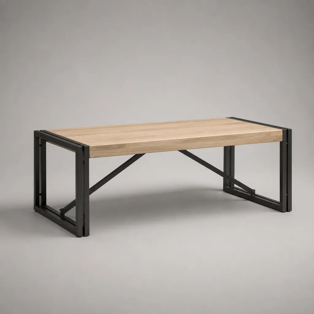 Table basse rectangulaire en MDF effet chêne clair et acier noir, 100 × 50 × 45 cm