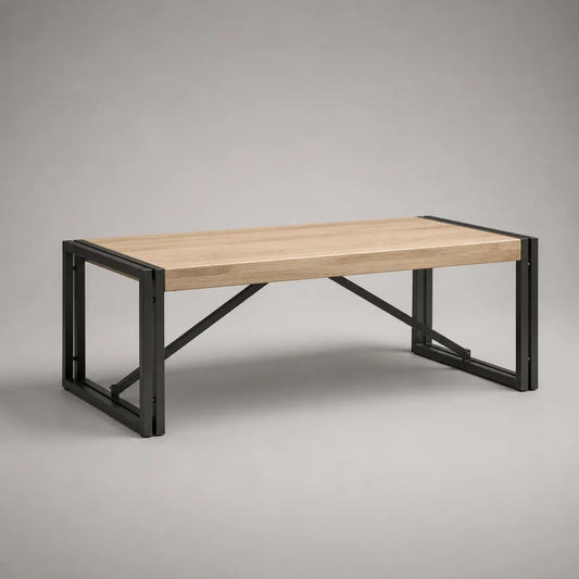 Table basse rectangulaire en MDF effet chêne clair et acier noir, 100 × 50 × 45 cm