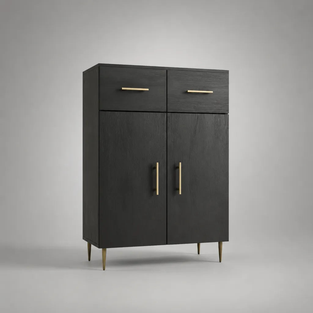 Buffet haut rectangulaire avec 2 portes et 2 tiroirs en panneaux de particules et acier, noir et doré, 90 × 40 × 130 cm