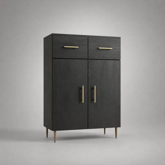 Buffet haut rectangulaire avec 2 portes et 2 tiroirs en panneaux de particules et acier, noir et doré, 90 × 40 × 130 cm
