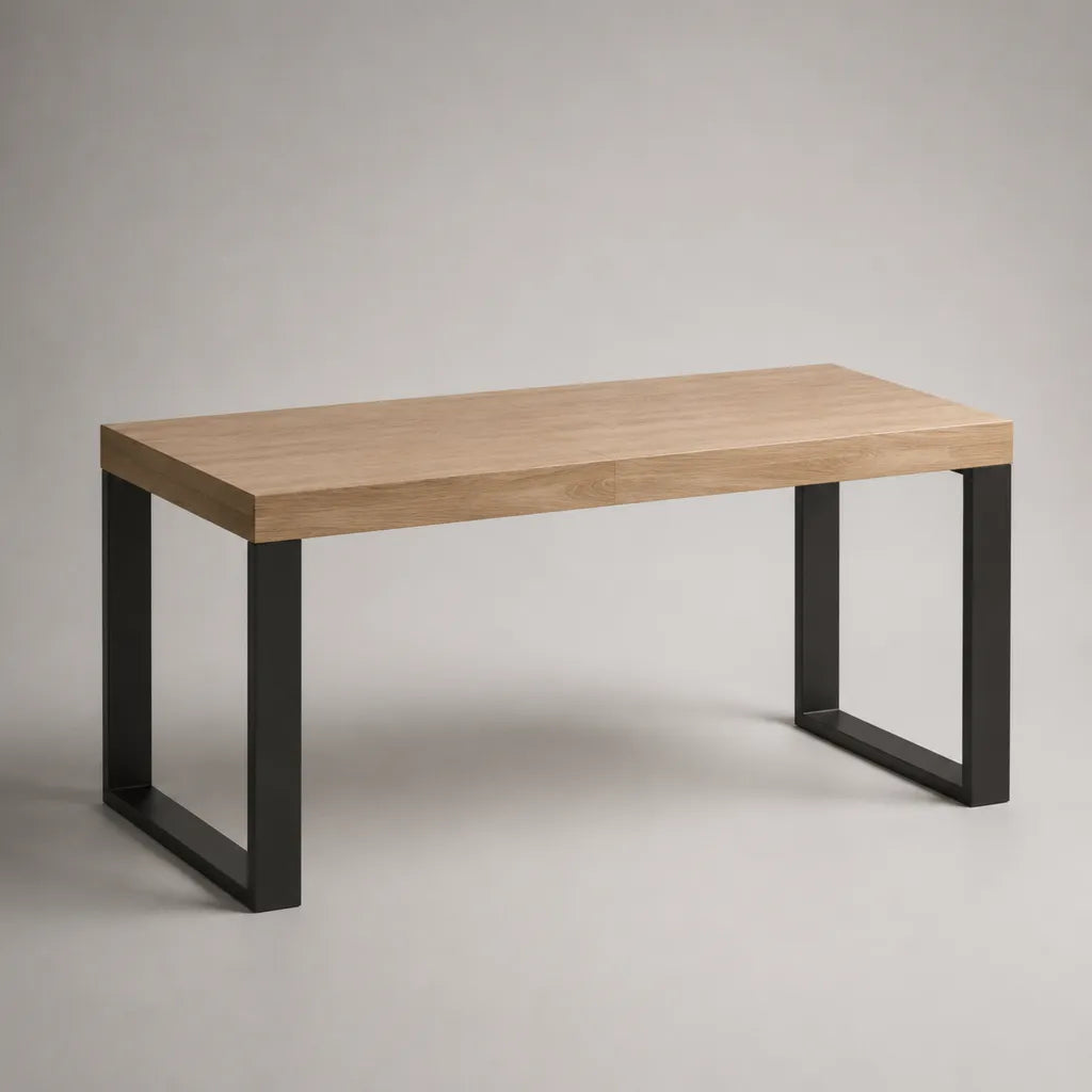 Table à manger rectangulaire en MDF plaqué chêne naturel et acier noir, 140 × 70 × 75 cm