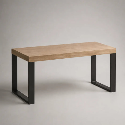 Table à manger rectangulaire en MDF plaqué chêne naturel et acier noir, 140 × 70 × 75 cm