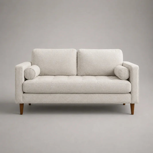 Canapé droit 2 places en tissu bouclé écru avec coussins amovibles et pieds en bois massif, 170 × 82 × 84 cm