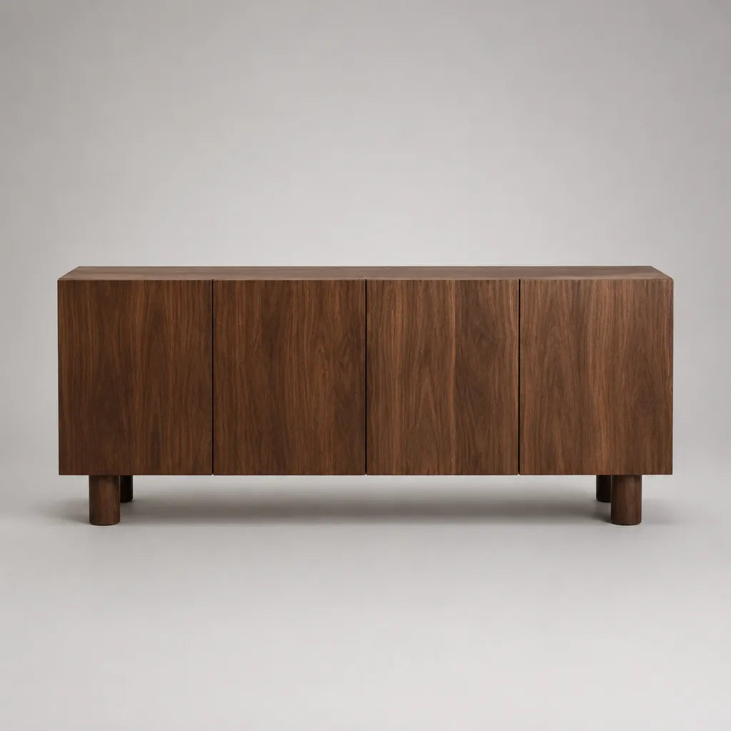 Buffet bas 4 portes en MDF plaqué noyer marron, 180 x 42 x 76 cm