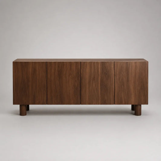 Buffet bas 4 portes en MDF plaqué noyer marron, 180 x 42 x 76 cm