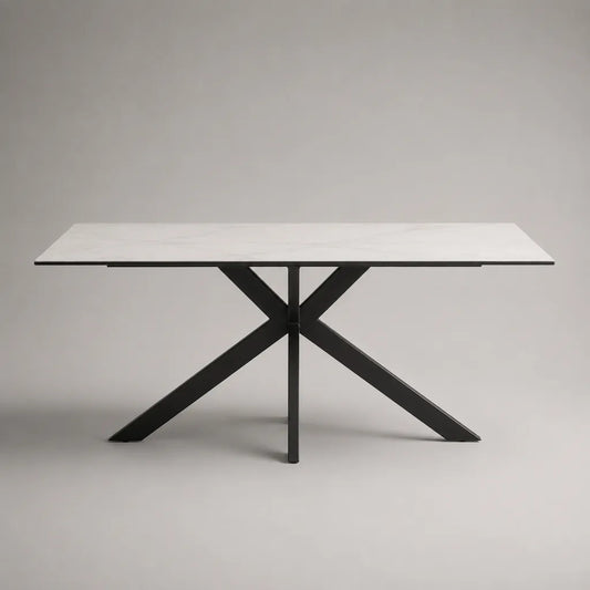 Table à manger extensible rectangulaire en céramique effet marbre blanc et acier noir, 160-200 × 90 × 76 cm