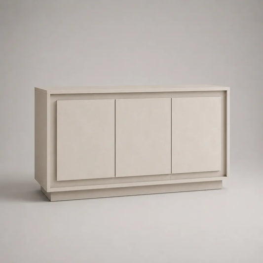 Buffet bas rectangulaire en panneaux MDF blanc cassé, 3 portes, 140 × 40 × 80 cm