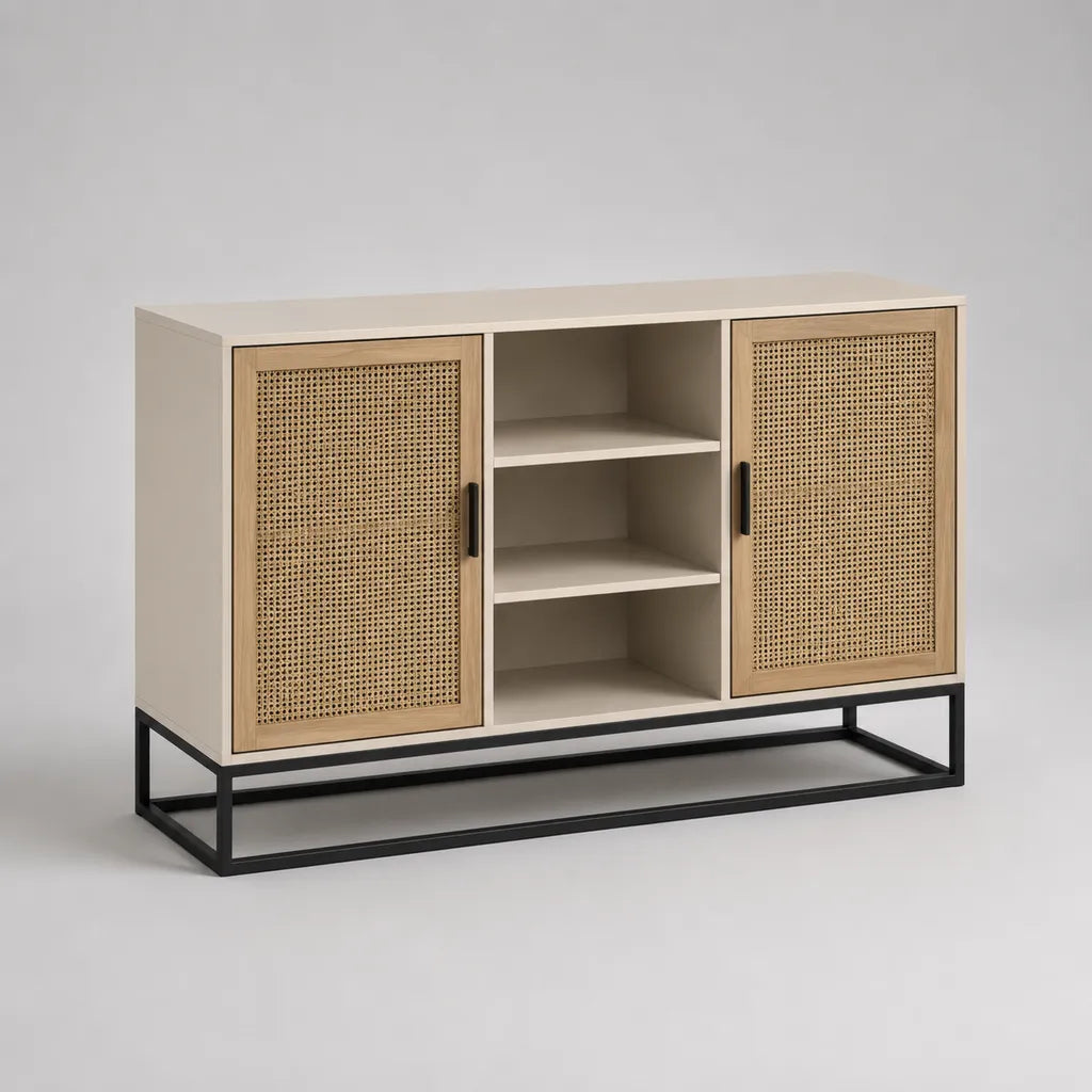 Buffet de rangement rectangulaire en MDF, cannage de rotin et acier, beige, bois naturel et noir, 120 × 40 × 80 cm
