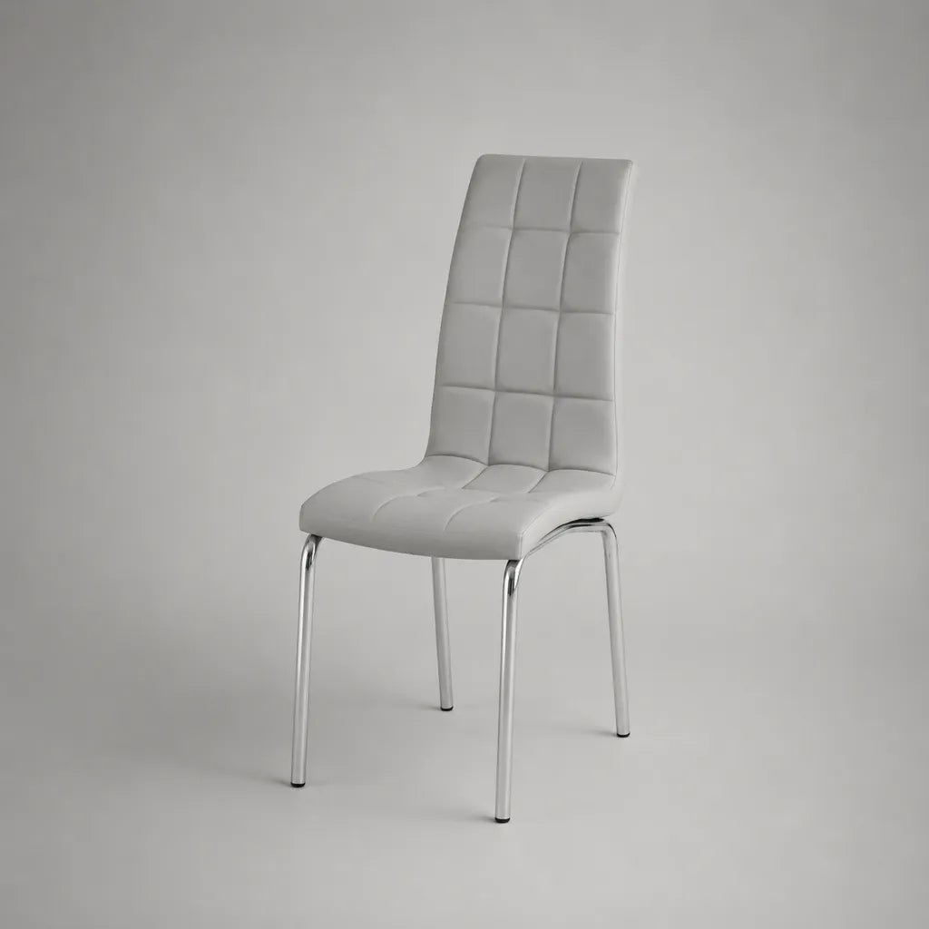 Chaise de salle à manger rembourrée en polyuréthane blanc avec pieds en acier chromé, 43 × 53 × 102 cm