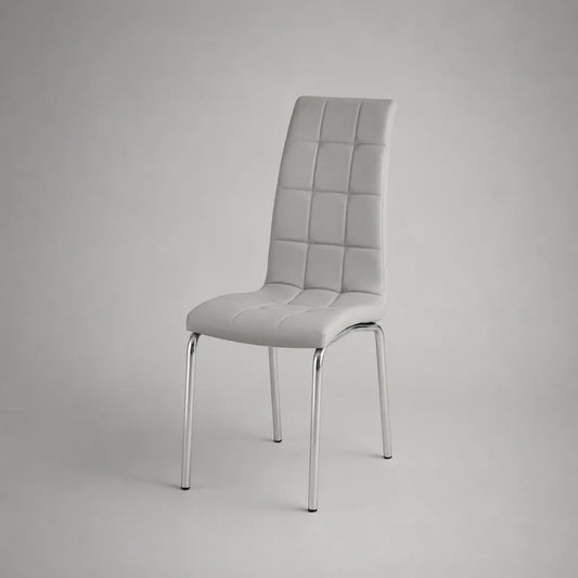 Chaise de salle à manger rembourrée en polyuréthane blanc avec pieds en acier chromé, 43 × 53 × 102 cm