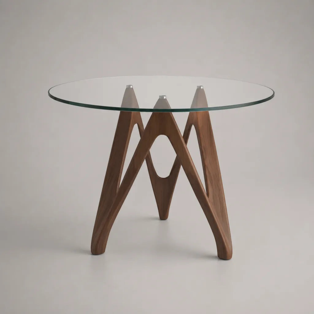 Table à manger ronde en verre trempé transparent et noyer massif brun, Ø 120 × H 75 cm