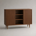 Buffet de rangement en MDF plaqué noyer brun, 2 portes coulissantes rainurées et 3 niches, 150 × 40 × 90 cm