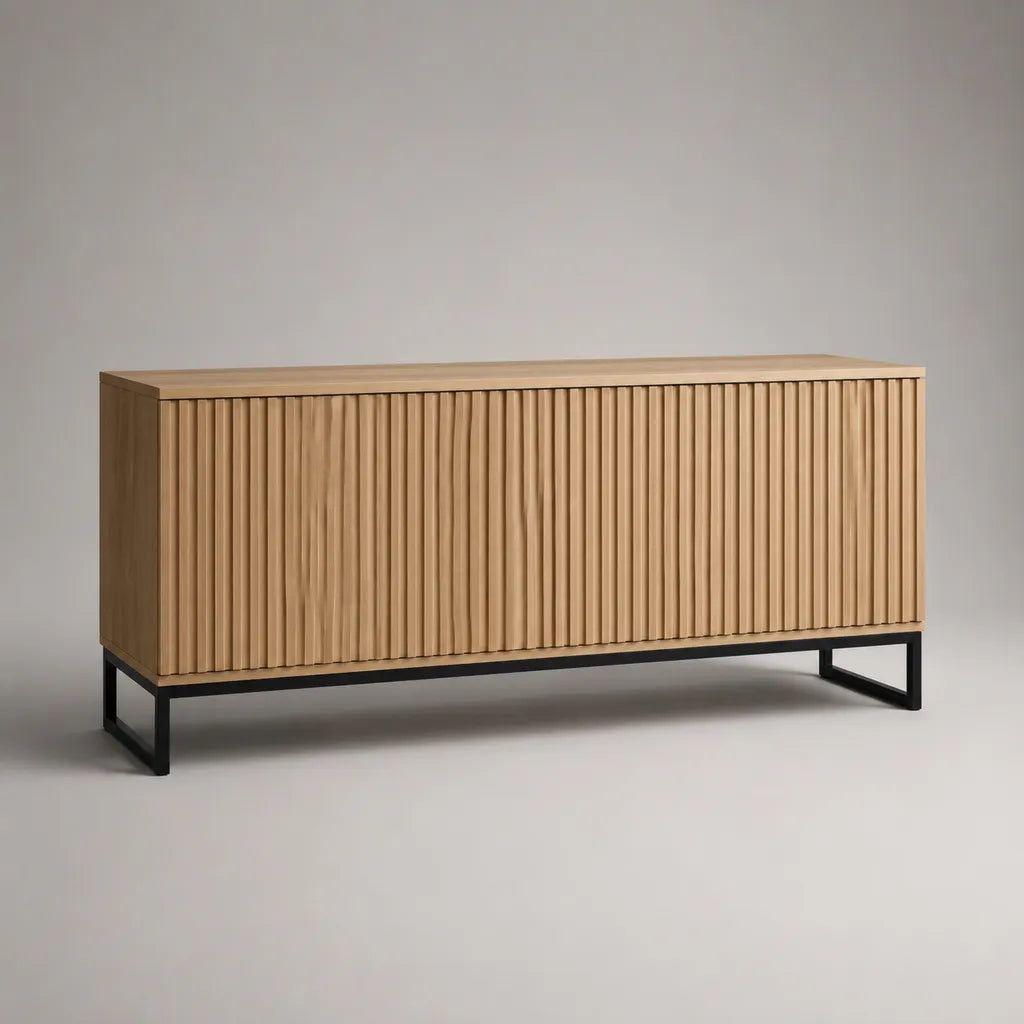 Buffet bas 4 portes en MDF plaqué chêne et acier noir, chêne naturel/noir, 160 × 40 × 75 cm