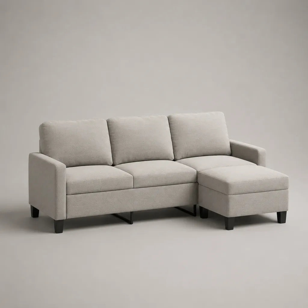 Canapé d’angle 3 places en tissu beige clair avec méridienne droite, 190 × 130 × 85 cm