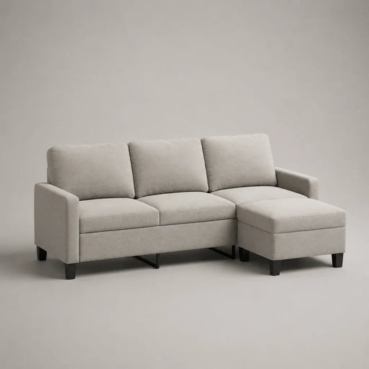 Canapé d’angle 3 places en tissu beige clair avec méridienne droite, 190 × 130 × 85 cm