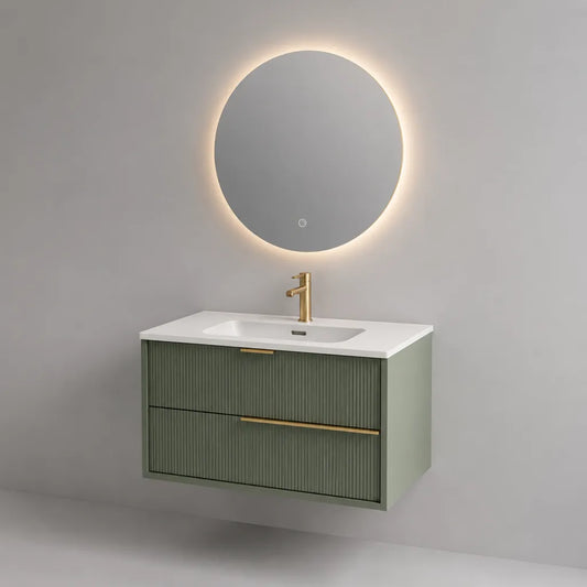 Ensemble meuble sous-vasque suspendu en MDF avec vasque intégrée en composite minéral, vert sauge et blanc, 80 × 46 × 55 cm