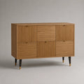 Buffet de rangement rectangulaire à 6 portes en MDF plaqué chêne, marron naturel, noir et doré, 120 × 40 × 90 cm