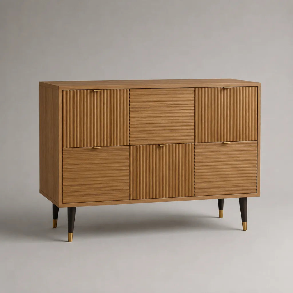 Buffet de rangement rectangulaire à 6 portes en MDF plaqué chêne, marron naturel, noir et doré, 120 × 40 × 90 cm