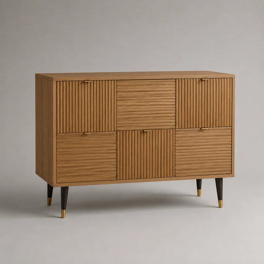Buffet de rangement rectangulaire à 6 portes en MDF plaqué chêne, marron naturel, noir et doré, 120 × 40 × 90 cm