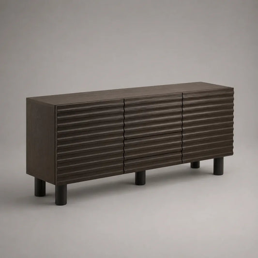 Buffet bas rectangulaire en MDF et acier, 2 portes et 3 tiroirs, brun foncé/noir, 160 x 40 x 75 cm